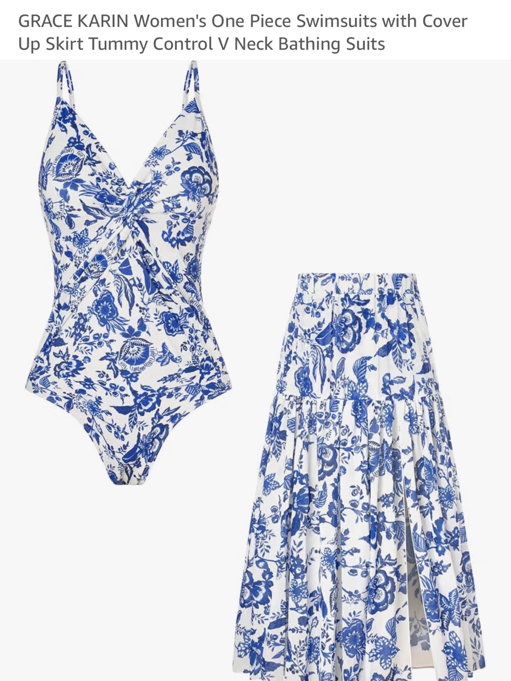 Grace Karin Blue & White Floral One-Piece Swimsuit with Matching Cover-Up Skirt